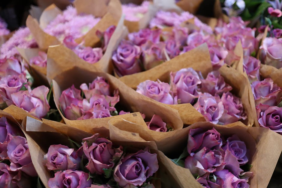 A close-up view of multiple bouquets of fresh lavender-pink roses wrapped in light brown kraft paper. The roses have velvety petals with some showing hints of darker pink and purple hues, and are arra