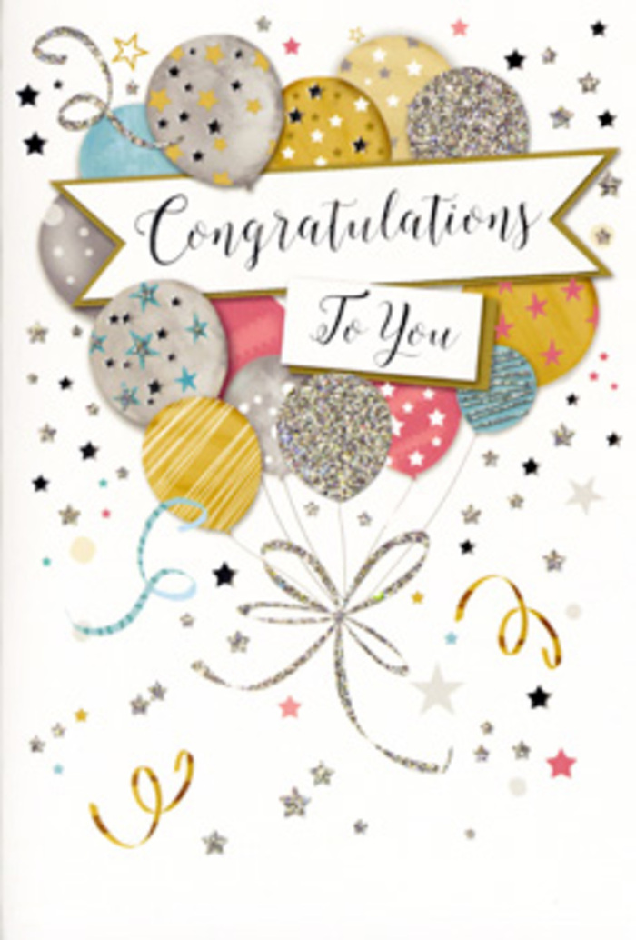 In this image, a sophisticated congratulations card is shown, crafted with the same attention to detail that a florist in East Dulwich might bring to a hand-tied bouquet. The design is built around a lush grouping of illustrated balloons, gathered in the centre so they appear to float upward in a unified cluster. The balloons are softly rounded and richly shaded, featuring a harmonious blend of warm gold, brushed silver, champagne cream, pastel blue, blush pink, and cool grey. On each balloon, delicate decorative elements - sprinklings of tiny stars, slender stripes, and glitter-like speckles - add texture and a sense of soft sparkle, reminiscent of party décor glowing in the windows along Lordship Lane at dusk. From the base of the cluster, long metallic ribbons in gold and silver trail downward in relaxed curls, their lines echoing the natural curves of vines or stems in a floral arrangement. Moving through the centre of the design is an elegant banner, slightly arched and light in tone, bearing the words Congratulations To You written in classic calligraphy with smooth, looping strokes. Surrounding this focal point, the pale background is gently animated by scattered stars, dots, and curled confetti shapes, giving the impression of celebration suspended in mid-air. The mood is one of poised happiness: joyful but not brash, suitable for marking graduations, promotions, or personal achievements celebrated with family and friends. For those ordering flowers and cards for same-day delivery in East Dulwich, this card would make a fitting companion to a bouquet chosen to honour determination, effort, and success.