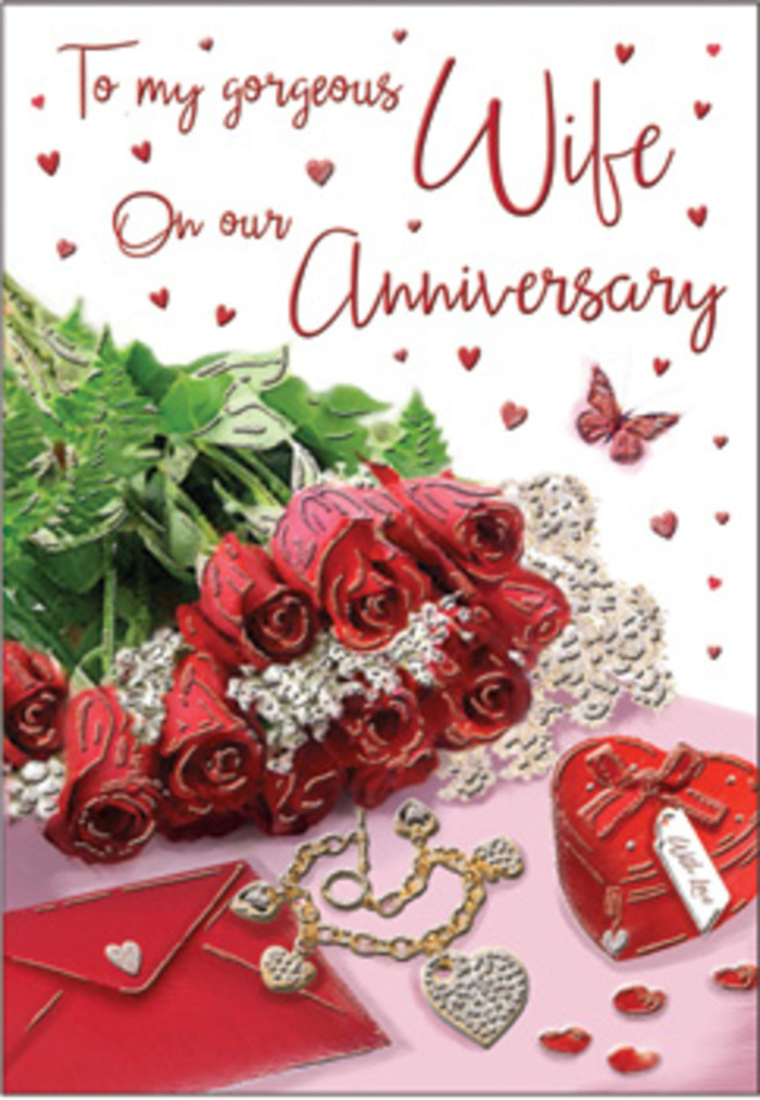 In this richly detailed anniversary card design, a bouquet of classic red roses takes dignified centre stage, their full, velvety blooms unfolding with confident grace. Every petal is rendered with care, creating soft, layered spirals that feel almost tangible, like roses freshly arranged in an East Dulwich flower studio before heading out for same-day delivery. Lush green foliage twines around the crimson blooms, adding depth and a sense of natural luxury, much like the leafy streets that surround Lordship Lane and nearby Goose Green. The roses are elegantly wrapped and rest amid an array of delicate, romantic touches: whisper-fine lace, tiny heart motifs, and a carefully placed jewellery set that glints softly in the light. A vivid red box suggests a treasured present-perhaps earrings or a cherished ring-waiting to be opened during a quiet anniversary celebration at home. The background glows in rich tones of burgundy, soft pink, and creamy white, enhancing the warmth of the scene, while a cascade of miniature hearts leads the gaze towards an elegantly scripted message that gracefully arcs across the card. Subtle textures of velvet, silk ribbon, polished metal, and smooth paper combine to form a multi-sensory impression: one can almost hear the rustle of gift wrap, feel the cool touch of jewellery, and sense the gentle weight of the card in hand. There is a comforting intimacy to the arrangement, evoking years of shared laughter and quiet support, the kind of enduring love story often celebrated in East Dulwich homes. Crafted with the intuitive eye of an experienced florist, this image perfectly complements heartfelt words for an anniversary, whether delivered to a terrace near Peckham Rye Park or a cosy flat off North Cross Road.