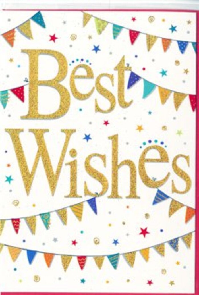 The congratulations card shown here offers a joyful tableau, as if it has captured the spirit of East Dulwich on a sunny market day and translated it into ink and card. Dominating the centre are the words Best Wishes, written in generous gold calligraphy that curls and loops with assurance. The script is richly metallic and appears slightly embossed, so you can imagine its gentle ridges beneath a fingertip, catching the light like the gleam on polished windows along Lordship Lane. Embracing the golden message, strands of bunting stretch from edge to edge in soft arcs above and below. Each tiny flag is a slice of colour-bold red, bright blue, grassy green, lemon yellow, and blush pink-adorned with playful designs: precise polka dots, neat stripes, and tiny tiled patterns that make every pennant distinctly its own. These colourful banners suggest a scene of community festivities, perhaps echoing decorations fluttering over Goose Green during a local gathering. Scattered across the crisp white background, petite star shapes and confetti dots add a sense of lightness and movement, as though they are gently drifting down after being tossed into the air in a moment of pure delight. Despite the lively details, the card maintains a clean, balanced composition, ensuring the message remains at the heart of the design. It feels perfect for a wide array of milestones-celebrating a new job in the city, a housewarming near Peckham Rye, or a well-earned retirement. Paired with a thoughtfully arranged bouquet from Flower Delivery East Dulwich, this card would carry not just words, but a feeling of shared joy and heartfelt support.