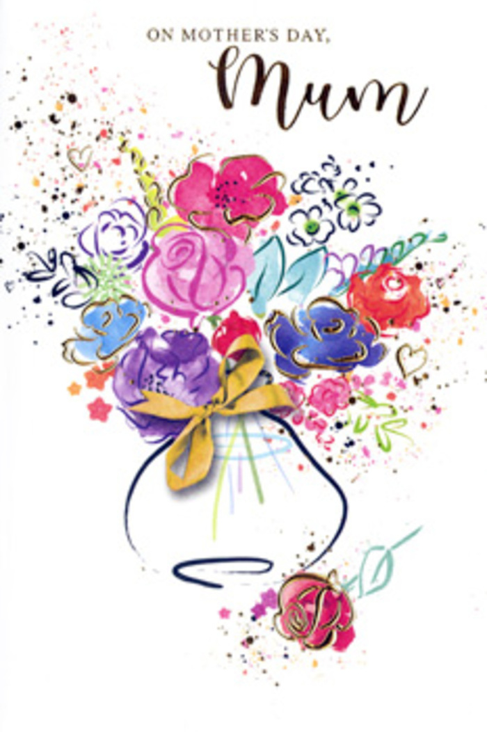The Mother's Day card illustration presents an artistic bouquet that seems to dance across the page, its colours blending and blooming like petals caught in a light breeze over Dulwich Park. At the centre, expansive flowers in hot pink, cerise, and rich rose tones command attention, outlined in deep indigo that defines each petal's curve without making the design feel rigid. Between these main blossoms, softer pools of lavender, powder blue, and apricot overlap and bleed into one another, evoking clusters of smaller flowers and buds that round out the arrangement, similar to a hand-crafted bouquet from a trusted East Dulwich florist. Delicate accents of gold glimmer along selected edges and veins, suggesting the warmth of sunlight filtering through a window onto a vase resting on a table just off Lordship Lane. Surrounding the bouquet, scattered hearts and lively paint splatters break up the white space, conveying the emotional echoes of gratitude, shared stories, and gentle hugs that define Mother's Day. The flowers rise from an unassuming, rounded vase depicted in translucent tones, held at the neck by a fine golden bow that suggests the tactile pleasure of tying satin ribbon around fresh stems. Although the style is loose and expressive, the careful balance of colour and composition reveals a practiced hand, much like the eye for harmony required to build a real arrangement ready for local delivery across East Dulwich and the neighbouring streets. The overall feel is one of warmth, admiration, and enduring love-a paper bouquet that captures the essence of saying, Thank you, Mum, with grace and heartfelt sincerity.
