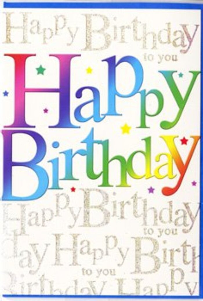 In this image, a birthday card is shown standing upright, radiating the same easy-going joy you might feel strolling down Lordship Lane on a sunny East Dulwich afternoon. The focal point is the large Happy Birthday greeting that sweeps across the centre, lettered in bold, rounded characters with a soft, almost velvety gradient of colour. Each letter is dipped in a different shade: full-bodied red turning into cerise, drifting into violet and sapphire blue, followed by teal, bright grassy green, and a mellow yellow that suggests candlelight. The transitions between these colours are seamless yet visible, reminiscent of a florist carefully arranging a rainbow mix of tulips and roses in a window facing Goose Green. Around the central phrase, playful flecks and tiny stars in coordinating colours seem sprinkled by hand, evoking flying confetti or sugar sprinkles scattered over a birthday cake. Behind the brilliant lettering, the card's pale background is layered with lines of flowing cursive text, each line repeating the words Happy Birthday to you. This script is slender and elegant, written in a soft metallic gold that gently reflects the light, more like the glint of jewellery than bold glitter. The overlapping scripts create a sense of depth and rhythm, as if the main greeting is the soloist and the gold words are a warm, constant chorus. The surface looks smooth with a satin-like sheen that would feel cool and sleek when touched. Altogether, the card suggests a carefully considered design-lively but not overwhelming-perfect to accompany a bouquet from a local East Dulwich florist, ready to brighten a mantelpiece in a Victorian terrace or a modern flat overlooking the bustle of North Cross Road.