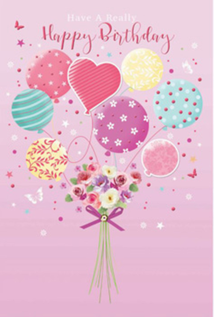 This charming birthday illustration feels as if it could have been dreamed up in a cosy East Dulwich studio, inspired by the joyful bustle around Lordship Lane. The scene is set against a soft, rosy-pink background that bathes everything in a warm, affectionate glow. Rising from the lower centre, a gathering of pastel balloons ascends gracefully, their rounded shapes overlapping in a pleasing, cloud-like cluster. Each balloon is distinct: some shimmer in shades of pale sunshine yellow, seafoam green, and blush pink; others are enlivened by swirling stripes, dots, or delicate floral motifs that appear to twist and dance as they float. A heart-shaped balloon glows gently at the centre, suggesting the love and care behind every birthday wish. Anchoring this light-hearted display, a hand-tied bouquet of flowers rests at the base. Petite roses and daisy-like blossoms, illustrated in ivory, rose, and soft mauve, are layered with subtle shading that gives them a velvety look, as though they have been freshly arranged by an experienced florist just a short walk from Dulwich Park. Their stems, slender and green, are gathered together and secured with a sparkling purple bow that arcs and folds convincingly, catching the imaginary light. Scattered around the composition, tiny stars and butterfly silhouettes drift and flutter, adding a whisper of fairy-tale magic and movement. The imagined scent of the bouquet is light and sweet, never overpowering, echoing the calm of East Dulwich's tree-lined streets. Overall, the design conveys a sense of gentle jubilation-a birthday moment that is joyful, tender, and beautifully composed, like a card accompanying a hand-delivered bouquet to someone special nearby.