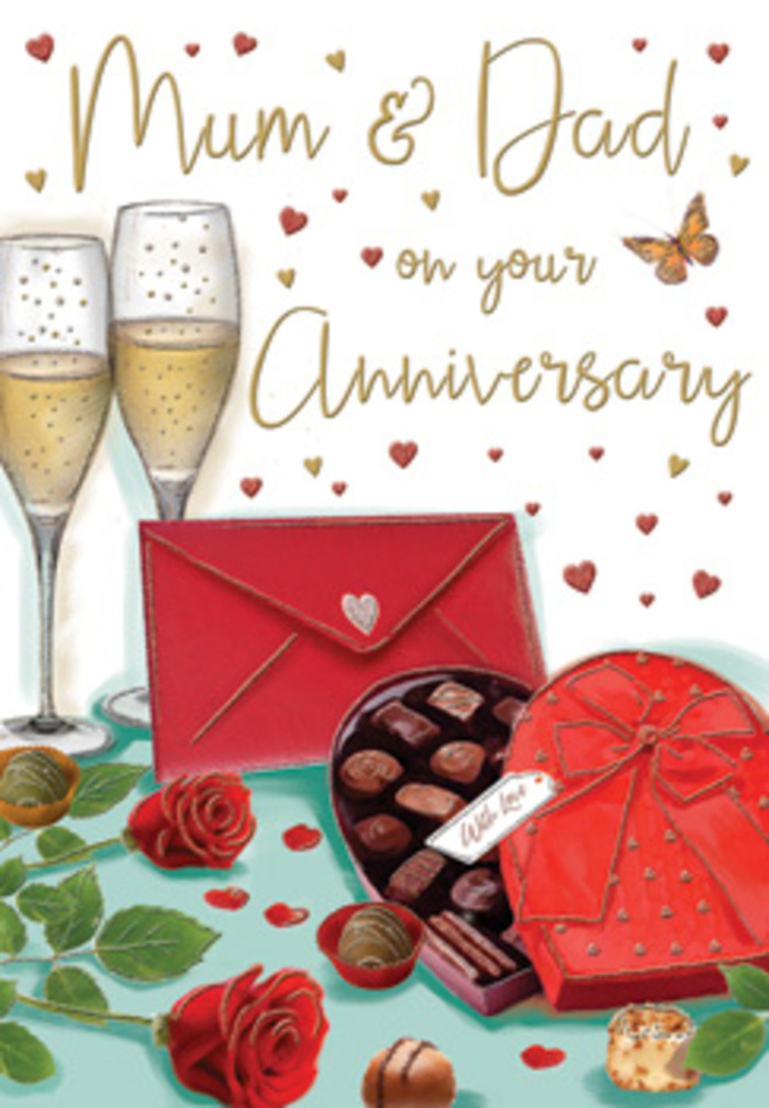 This richly detailed anniversary card is illustrated like a romantic table setting, something you might see arranged beside a bouquet at a family celebration in East Dulwich. The central focus is on two vivid red roses, drawn in full bloom, petals layered and softly ruffled to convey a sense of luxurious texture, as if you could brush your fingers across them and feel the velvety surface. They're surrounded by lush, deep green leaves that lend a natural, freshly cut character to the scene, reminiscent of a florist's carefully composed display. Just in front, a heart-shaped box of chocolates sits slightly open, revealing a carefully arranged selection of glossy truffles nestled within. The box is wrapped in a striking red ribbon tied into a theatrical bow, the sheen of the fabric suggesting satin or silk, adding drama and indulgence to the composition. Behind these details, two elegant champagne flutes stand side by side, filled with shimmering golden champagne, their tall, slim forms catching glints of light as delicate bubbles rise within. This pairing of glasses hints at a shared toast-perhaps at a dining table looking out towards Dulwich Park-celebrating years of partnership. Scattered golden accents and tiny red hearts drift around the scene, drawing the viewer's eye toward a hand-lettered message of love for Mum and Dad. A red envelope, lying neatly on the tabletop and held closed, suggests a personal note brimming with stories, thanks, and affectionate wishes. The entire colour scheme-rich reds, warm golds, and muted creams-creates a soft, romantic glow, evoking the warmth of a home filled with memories, where roses, chocolate, and champagne mark an anniversary worthy of lingering over.