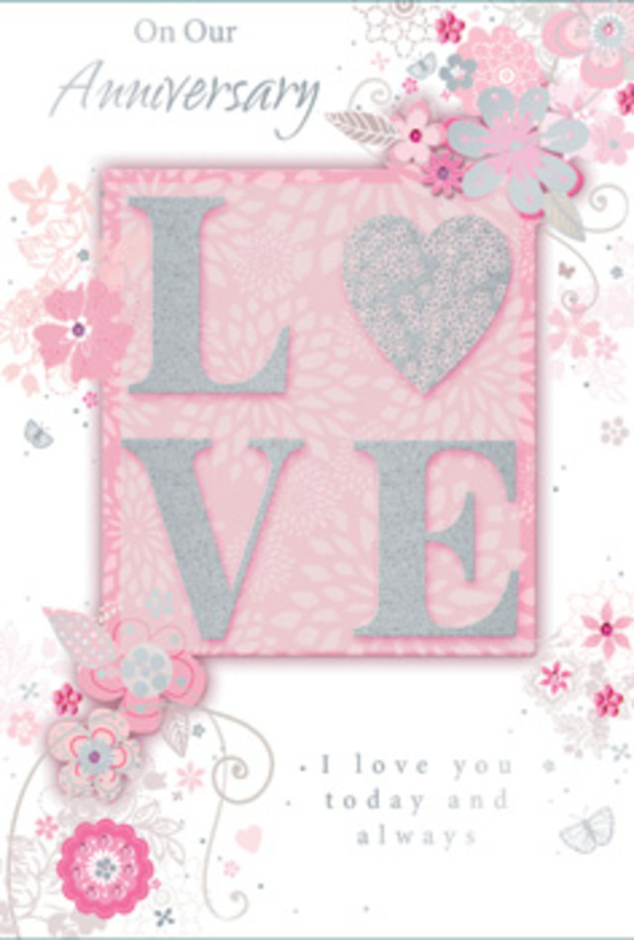 This anniversary card opens like a shaft of gentle sunlight into an East Dulwich sitting room, where love is woven into everyday moments-morning coffee, walks across Peckham Rye Park, shared evenings at home. The main motif is the word LOVE, highlighted in an elegant, frosted glitter print that rises subtly from the surface. The raised letters catch and scatter the light in fine sparkles, reminiscent of dew on pale petals in a local garden at first light. Surrounding this centrepiece, wispy, hand-drawn blooms and slender sprays weave along the borders, their shades of pink, lilac, and ivory melting into one another with an almost painterly grace. Fine filigree lines, dainty leaves, and tiny, nearly hidden butterflies glide through the design, suggesting the quiet flutter of hearts and the gentle movement of a spring breeze through open windows. The background is a soft blush pink, serene and uncluttered, allowing each delicate line and glittering edge to stand out clearly. Subtle shading around the flowers and letters adds a sense of depth, as though the illustration rests on layered paper. Nestled within this airy floral frame, the message I love you today and always appears in graceful, understated type, inviting a pause to reflect on years of shared life, from relaxed weekends on Lordship Lane to evening strolls through the neighbourhood. The card carries the feeling of a hand-tied bouquet translated into paper-quietly fragrant in spirit, deeply sentimental, and crafted with the same attentive care you'd expect from Flower Delivery East Dulwich preparing an anniversary arrangement.