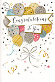 This congratulations card appears like a carefully composed party scene distilled onto a single page, echoing the friendly atmosphere of East Dulwich gatherings. At the heart of the design is a full bouquet of illustrated balloons, rising together in a layered cluster that creates a sense of movement and depth. The colour palette is soft yet festive: champagne gold, brushed silver, pale sky blue, blush pink, and gentle grey tones that complement each other like harmonising notes in a song. Each balloon carries a unique decorative pattern - some scatter fine metallic stars across their surface, others showcase vertical or diagonal stripes, while a few feature small glitter-like specks that suggest a quiet shimmer, rather than a bold sparkle. From their bases, a series of delicate gold and silver ribbons flow downward in loose curls, as if caught in a soft breeze drifting past Dulwich Park. A central banner weaves horizontally through this cluster, gently curved and bearing the words Congratulations To You in a flowing, hand-lettered style that feels personal and heartfelt. The background remains light and clean, animated by tiny stars, dots, and swirling confetti lines that give the sense of celebration floating in the air, much like laughter spilling from the cafés along Lordship Lane. The overall impression is one of light, airy joy and deep pride - a card that would sit beautifully beside a vase of congratulatory flowers delivered to a home in East Dulwich, ready to honour milestones that truly matter.