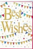 The Best Wishes card in this image exudes a bright, celebratory charm, much like the friendly buzz of East Dulwich on a weekend morning. At its heart, the message is written in sweeping gold script, the lettering bold yet graceful, with a metallic finish that glows softly against the pristine white background. The slightly embossed effect invites touch, suggesting a card crafted with care and attention to detail. Above and below this central phrase, rows of bunting curve across the card, like festive garlands hung between trees around Goose Green. Each minuscule triangle flag bursts with colour-rich reds, cool blues, fresh greens, sunshine yellows, and gentle pinks-decorated with tiny dots, stripes, and patterned accents that give every pennant its own character. These arcs of bunting frame the wording and create the feeling of a gentle, joyful motion, as if they are rustling in a light breeze drifting over nearby Peckham Rye. Sprinkled throughout the remaining white space are tiny stars and round confetti dots, some shining in gold, others echoing the vibrant hues of the bunting. They appear to float weightlessly, enhancing the impression that the card has frozen a single, happy moment in time. The overall mood is one of friendly elegance-festive but not loud, stylish yet warmly inviting. It's the sort of card you might send alongside fresh flowers to congratulate someone on a new role, celebrate exam success, or simply wish them well during a new chapter, carrying a little piece of East Dulwich's joyful, community spirit with it.