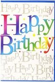 The photograph shows a joyful birthday card whose design feels perfectly at home in the creative, colourful atmosphere of East Dulwich. At the heart of the card, the words Happy Birthday stretch across the front in large, friendly letters, each one glowing with a soft rainbow gradient. Starting with lush cherry red at one end, the colours drift smoothly into hot pink, cool purple, vivid blue, teal, fresh green, and finally a warm, buttery yellow, like a run of festive bunting strung above a party table in a Lordship Lane restaurant. The saturation of the colours gives the text a sense of volume and presence, as if the letters themselves are part of the celebration. Dotted around this central message, you can spot tiny sprinkles of colour and small starbursts, subtle but effective at conjuring the feeling of confetti mid-fall. Behind everything, a pale, understated background is gently overprinted with repeating lines of elegant gold script, each line echoing the phrase Happy Birthday to you. The cursive is fine and flowing, and the gold ink adds a delicate shimmer that catches ambient light without overpowering the scene. Together, the bold rainbow lettering and the refined gold calligraphy create a layered, harmonious composition-fun, celebratory, yet still tastefully designed. The card's surface appears smooth and lightly glossy, likely cool to the touch, giving it a polished finish. It's the sort of card that would sit beautifully beside a vibrant birthday bouquet delivered by Flower Delivery East Dulwich, brightening a kitchen table near Goose Green or a cosy corner in a flat just off North Cross Road.