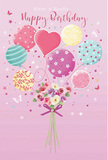This pastel birthday scene radiates the easygoing charm of East Dulwich, as if it were a joyful window display along Lordship Lane captured in a single image. A soft, blush-pink background sets a calm and affectionate tone, while from the lower centre a loose cluster of balloons drifts upward. Each balloon shines with a mild, satiny sheen and carries a distinct pattern or shade. There are candy-striped designs in pink, teal, and lemon, bouncy polka dots that suggest movement and laughter, and gently swirling motifs in lavender and rose. A heart-shaped balloon, glowing softly in the middle of the cluster, acts as the emotional focal point, echoing the warm intentions behind a birthday greeting. At the base, tethered visually to the balloons, sits a compact hand-tied bouquet. Creamy roses and anemone-like blooms in ivory, blush, and muted mauve nestle closely together, rendered with careful attention to layered petals and subtle highlights so they look plush and freshly gathered. Hints of greenery peek between the flowers, while a violet satin bow wraps firmly around the stems, its folds and tails thoughtfully shaded to show depth and texture. Tiny butterflies and scattered stars float around the arrangement, as if caught in a gentle breeze along nearby Goose Green, adding a touch of playful magic. The imagined fragrance is light, sweet, and comforting, much like a real bouquet arriving at a doorway in East Dulwich. Together, the balloons and flowers create a feeling of bright yet gentle festivity, perfect for marking a birthday in a way that feels personal, tender, and beautifully memorable.