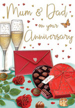 This anniversary card image presents a warm, inviting tableau that could easily sit alongside a bouquet delivered to a family home near East Dulwich's tree-lined streets. At the forefront, two sumptuous red roses are illustrated with remarkable care: petals layered and gently unfurling, their velvety texture almost tangible. They rest among deep green leaves that give the scene a fresh, botanical feel, echoing the look of a freshly arranged gift. Nearby, a heart-shaped box of chocolates lies open, its interior filled with tidy rows of truffles, each piece shaded to suggest a gloss of rich chocolate. The box is bound with an opulent red ribbon tied in a full, expressive bow, adding a flourish of celebration. Just behind, a pair of tall champagne flutes stand close together, each one filled with golden, sparkling champagne. The artist has captured the tiny bubbles rising through the glass, suggesting motion and the anticipation of a shared toast, perhaps in a cosy East Dulwich dining room on a quiet evening. In the background, delicate golden strokes and scattered crimson hearts float and swirl, bringing playful movement and leading the eye to a handwritten dedication for Mum and Dad. Off to one side, a bold scarlet envelope lies sealed, hinting at a handwritten note brimming with love, gratitude, and memories gathered over many years. The whole scene is bathed in warm, romantic tones of red and gold, evoking the scents and textures of real roses and fine chocolate. It's a visual expression of enduring affection, capturing not only the joy of an anniversary itself, but the many shared moments that have brought this couple to their special day.